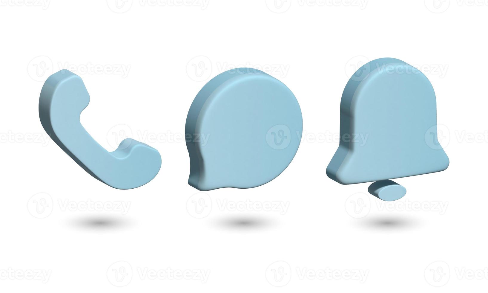 un set di icone 3d, un ricevitore telefonico, una nuvola e un campanello in azzurro su sfondo bianco. icone per internet, per il design del sito. illustrazione 3d foto