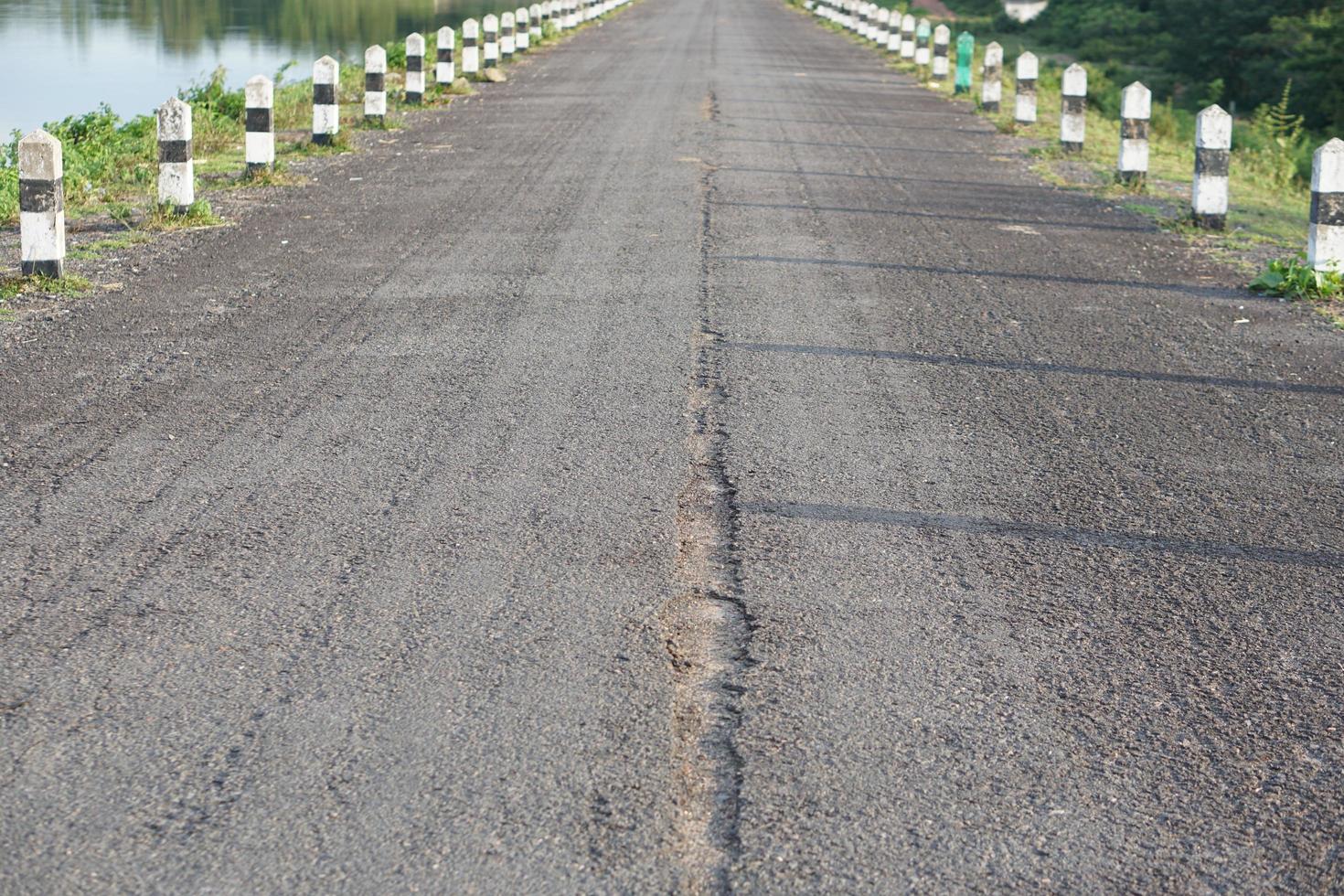 strada rotta e pali lungo la strada in bianco e nero foto