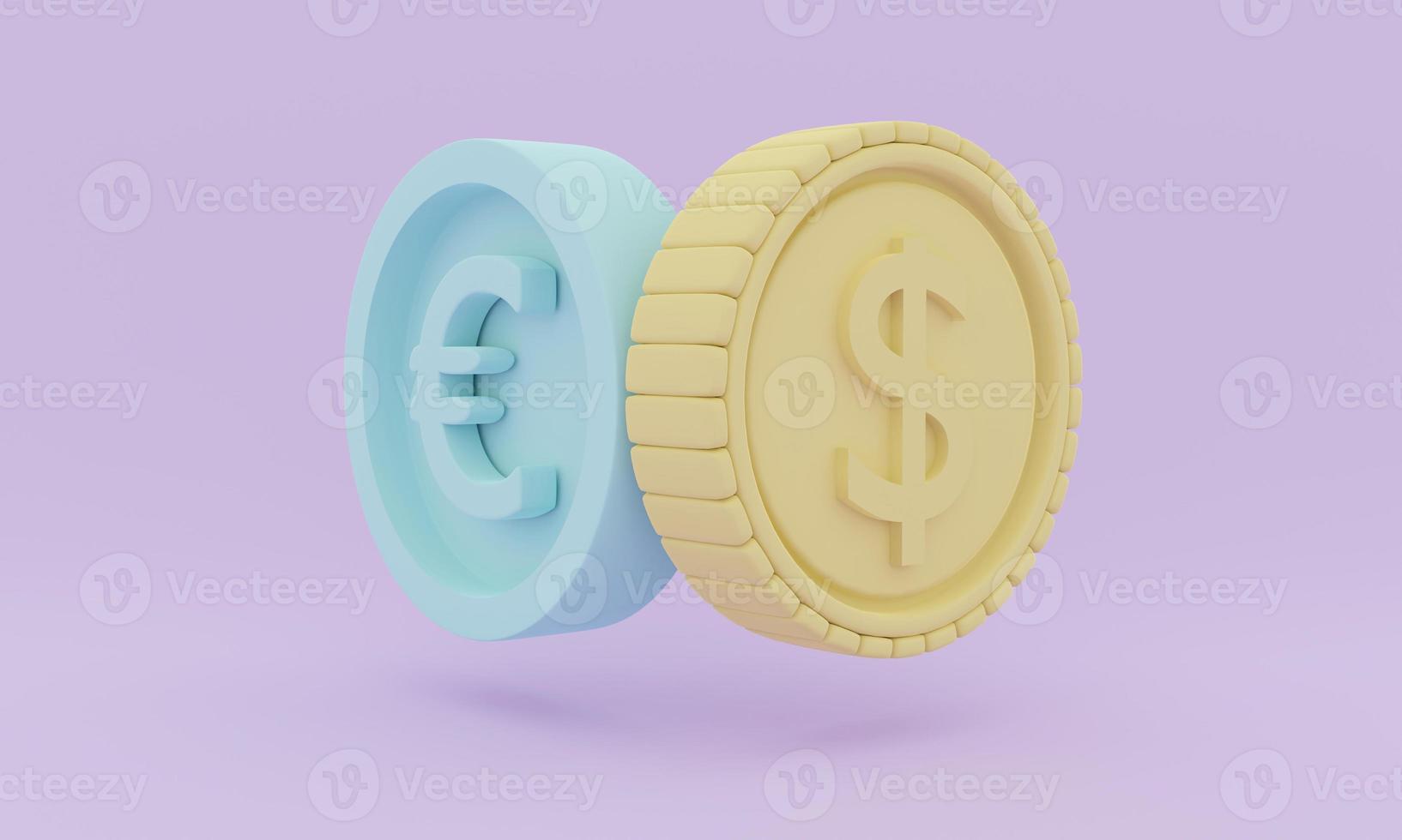 Concetto di rendering 3D di euro e denaro valuta dollaro finanza. stile cartone animato in pastello di euro e moneta da un dollaro. rendering 3d. illustrazione 3d. foto