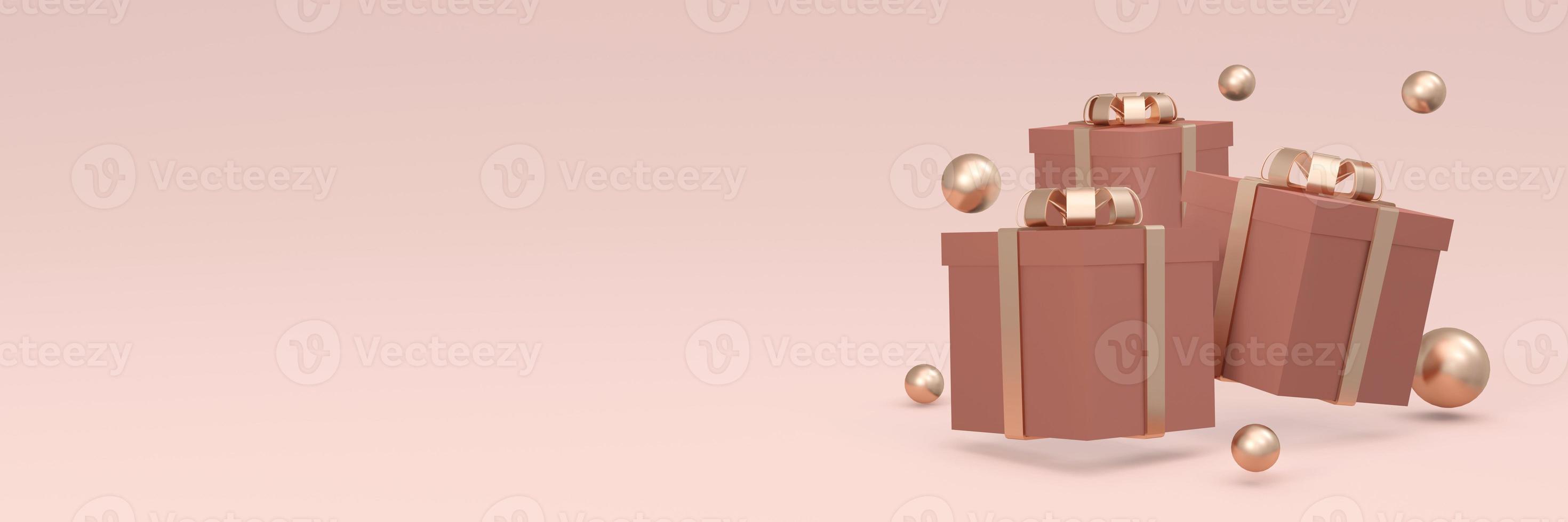 Rendering 3d di una confezione regalo avvolta che galleggia su uno sfondo orizzontale lungo in tema rosa. illustrazione di rendering 3d. foto