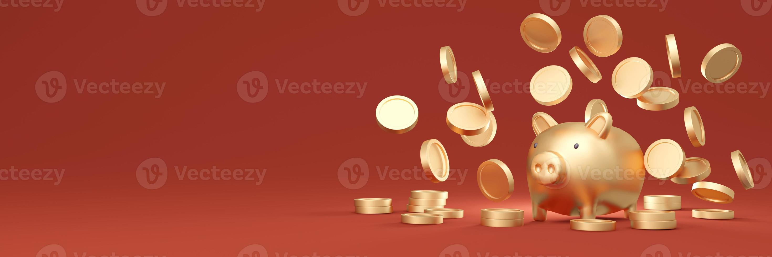 3d rendering salvadanaio d'oro con molte monete d'oro che volano intorno alla banca su sfondo rosso per il design commerciale. illustrazione di rendering 3d. foto