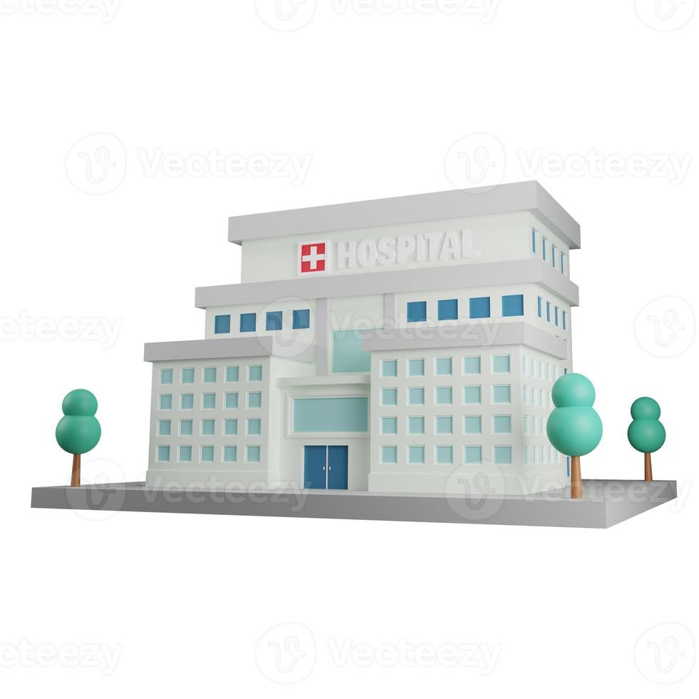 edificio ospedaliero su sfondo bianco isolato. scena per la salute, la medicina, lo sfondo dell'architettura. illustrazione di rendering 3d. foto