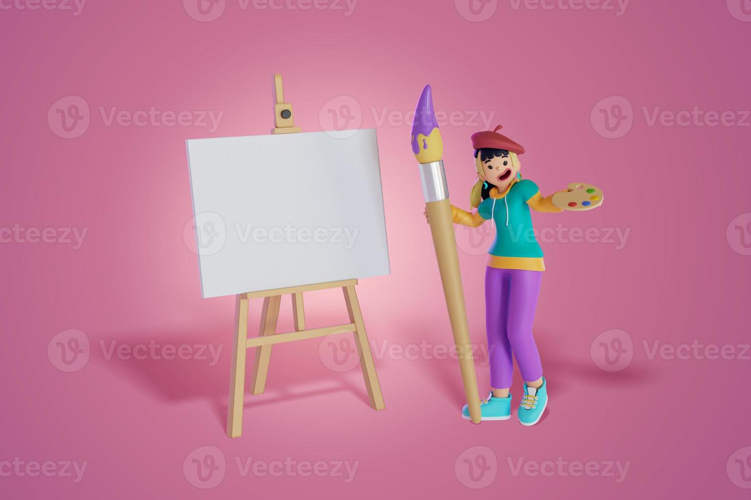 le donne tengono una tavolozza di colori e un pennello gigante in piedi con disegno in piedi, ritratto, 3d, rendering, illustrazione foto