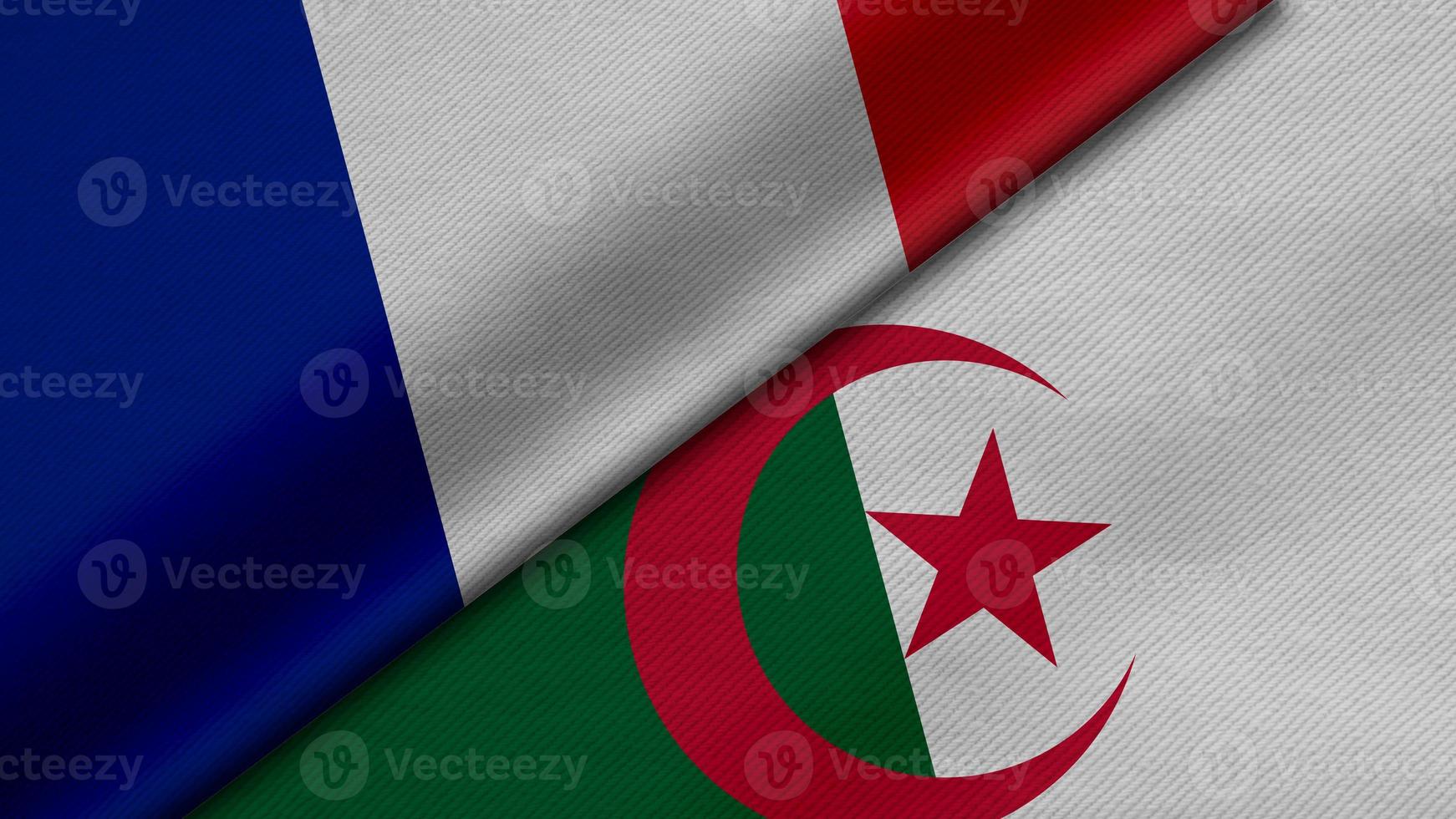 Rendering 3d di due bandiere della repubblica francese e della repubblica d'algeria insieme a trama del tessuto, relazioni bilaterali, pace e conflitto tra paesi, ottimo per lo sfondo foto