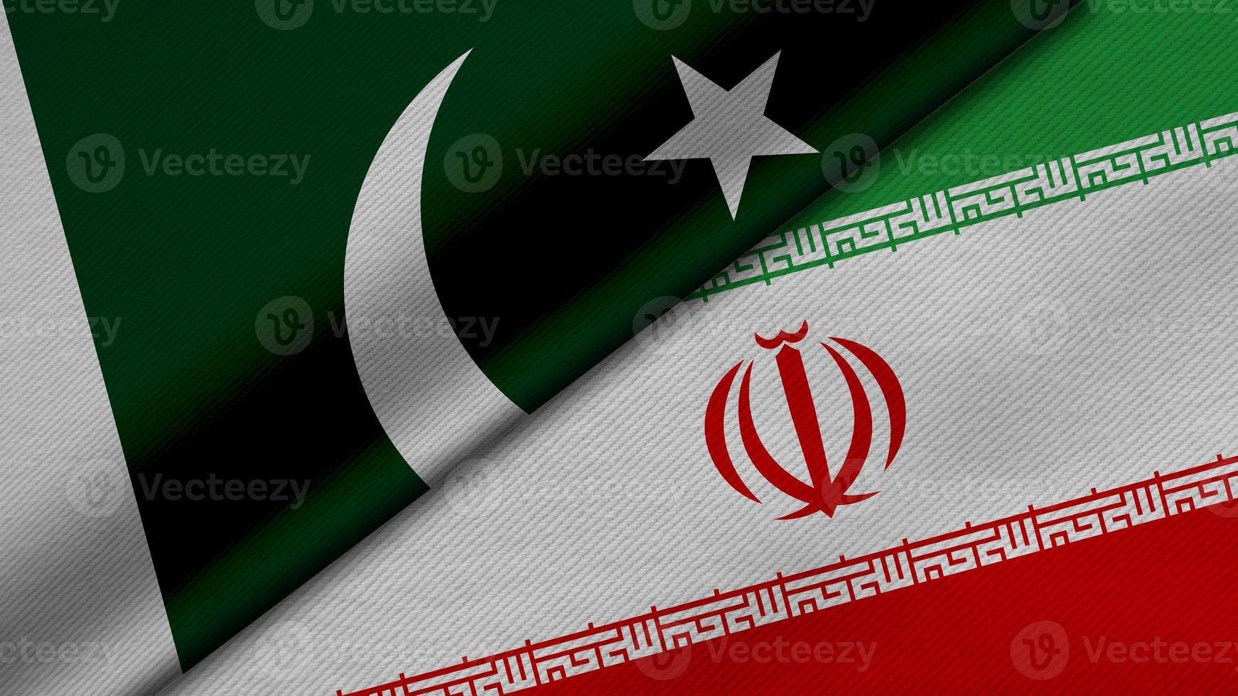 Rendering 3d di due bandiere della repubblica del pakistan e della repubblica islamica dell'iran insieme alla trama del tessuto, alle relazioni bilaterali, alla pace e al conflitto tra i paesi, ottimo per lo sfondo foto