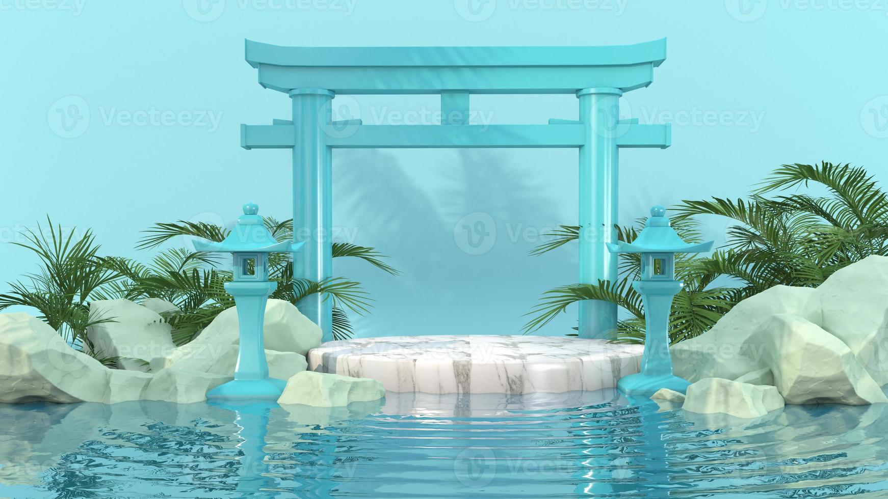 rendering 3d gateway giapponese tori podio bianco su sfondo blu e riflesso d'acqua per prodotto premium foto