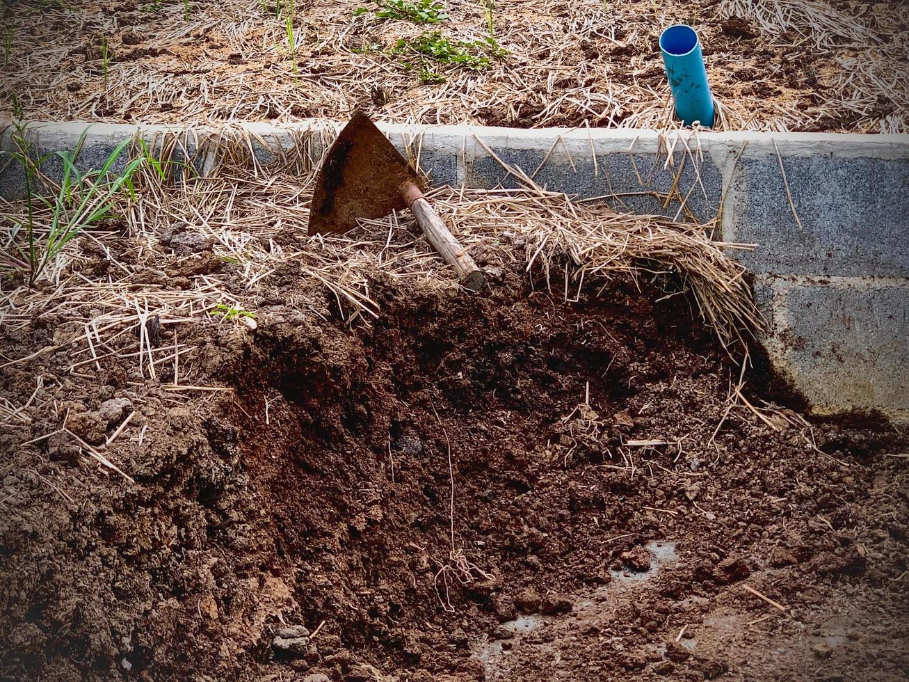 un mucchio di compost organico in giardino all'aperto foto