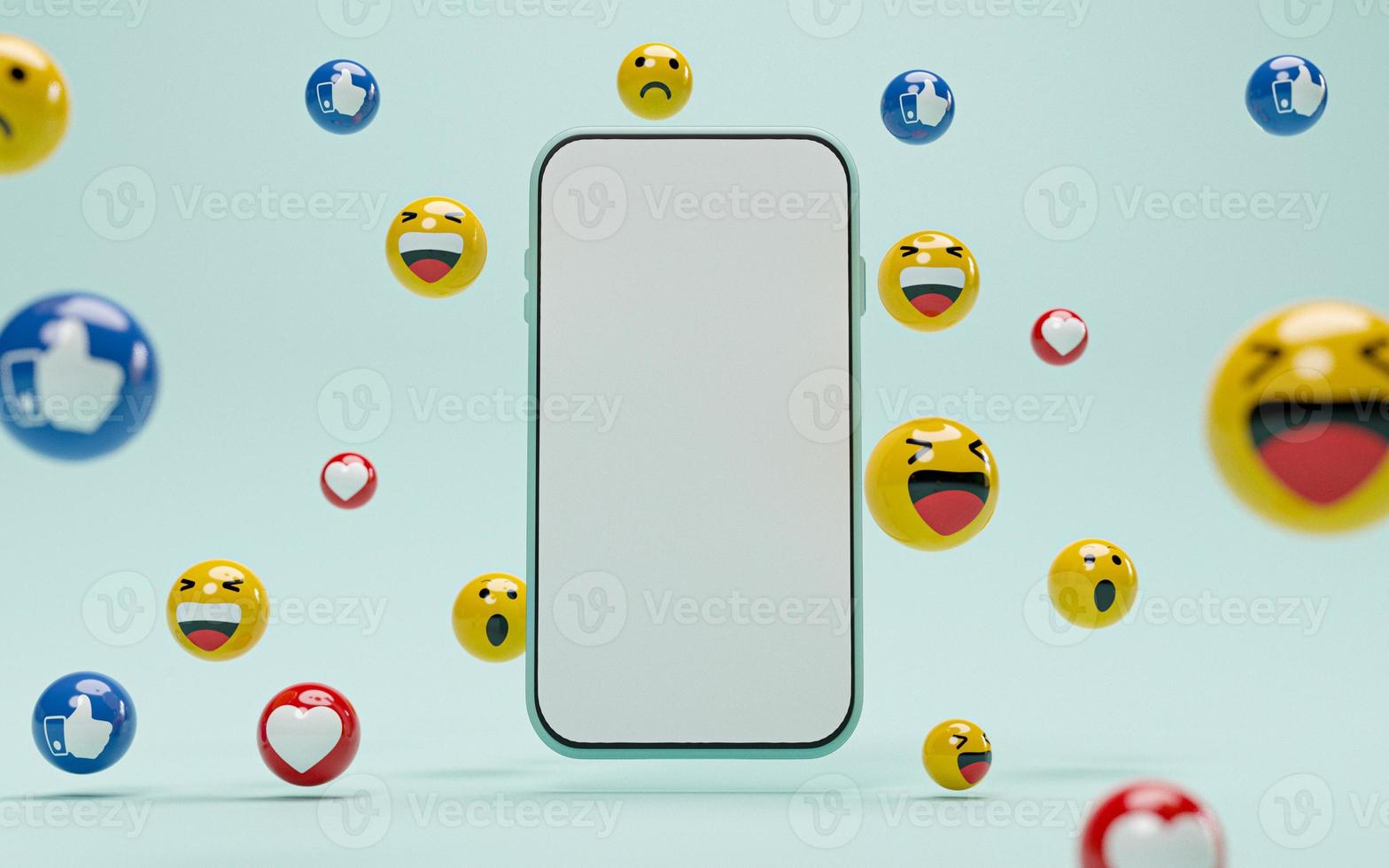 schermo vuoto dello smartphone con l'icona di amore ed emozione simile per il concetto di marketing sui social media tramite illustrazione di rendering 3d. foto