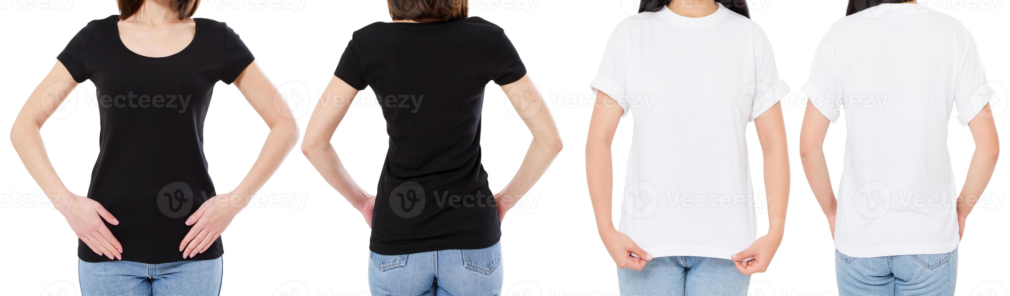 donna in maglietta bianca e nera isolata vista anteriore e posteriore immagine ritagliata opzioni di t-shirt in bianco, ragazza in set di tshirt. modello. design della camicia e concetto di persone. foto