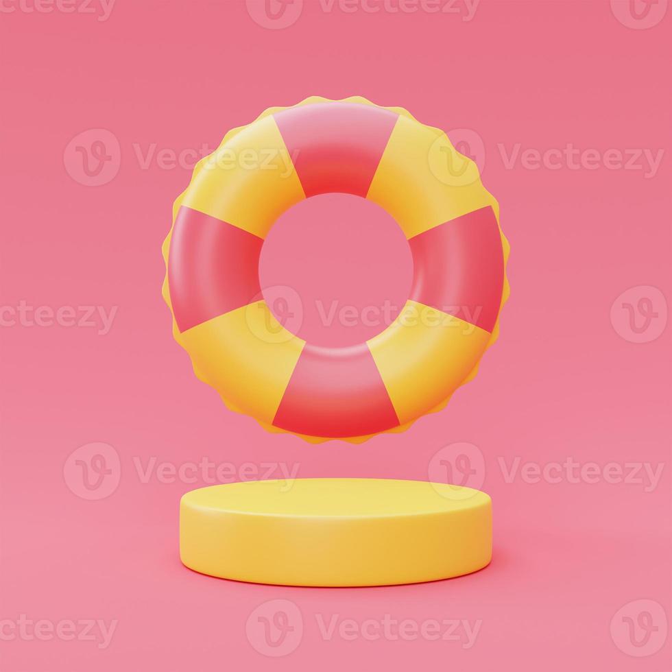 Rendering 3d di anello da nuoto gonfiabile con display sul podio isolato su sfondo rosa, concetto di vacanza estiva, elementi estivi, stile minimal. Rendering 3d. foto