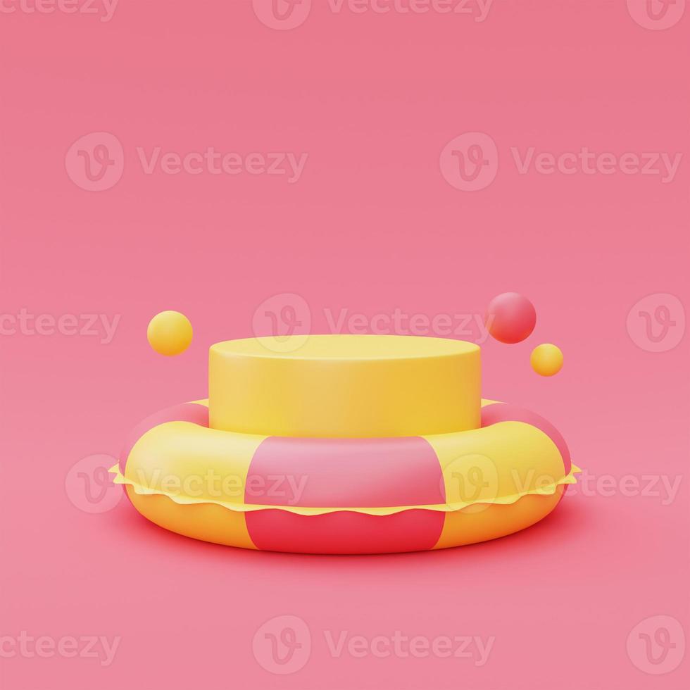 Rendering 3d di anello da nuoto gonfiabile con display sul podio isolato su sfondo rosa, concetto di vacanza estiva, elementi estivi, stile minimal. Rendering 3d. foto