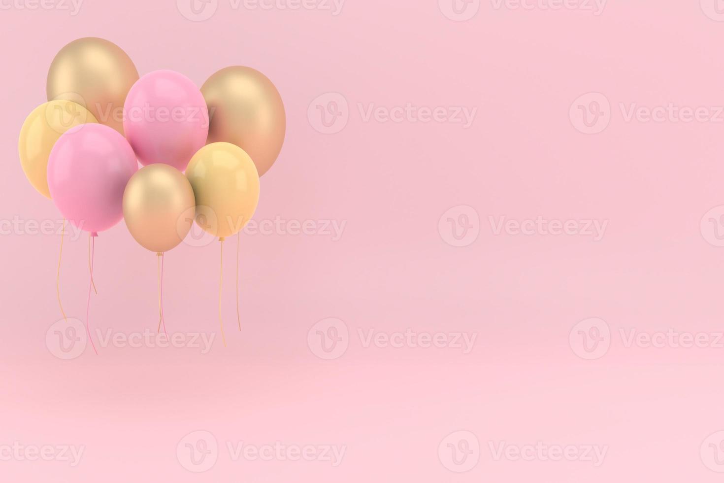 palloncini colorati che volano per feste di compleanno e celebrazioni. Rendering 3D per compleanni, feste, striscioni. foto