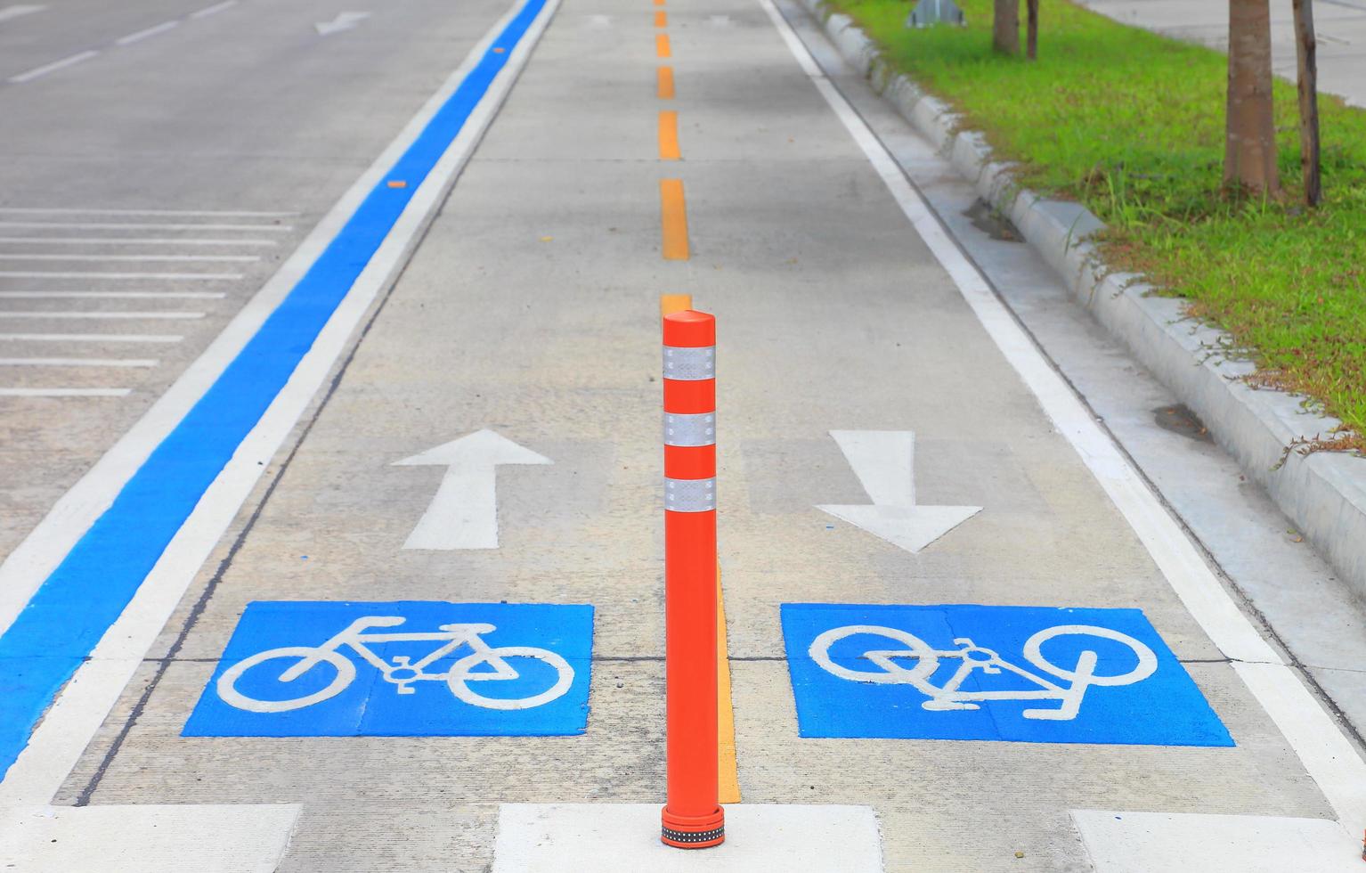 pista ciclabile separata della linea blu per il ciclista sulla strada del traffico urbano, tailandia foto
