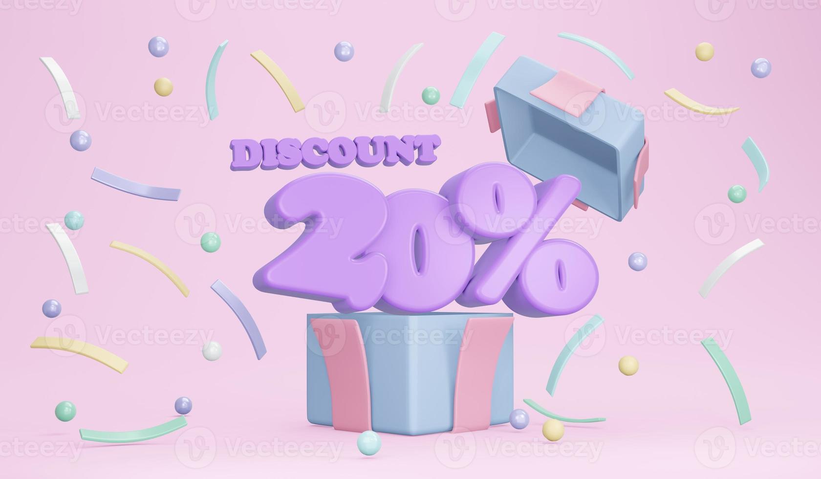 banner di sconto del 20 percento. Rendering 3d dell'esplosione della confezione regalo aperta che mostra la percentuale di sconto e i coriandoli sullo sfondo. rendering 3d. illustrazione 3d. foto