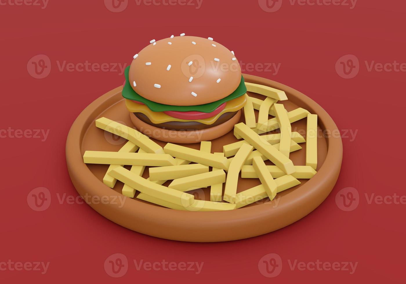 Concetto di rendering 3d di cibo, colazione americana. set di hamburger pasto con patatine fritte su sfondo rosso. rendering 3d. illustrazione 3d. modello di design minimale. foto