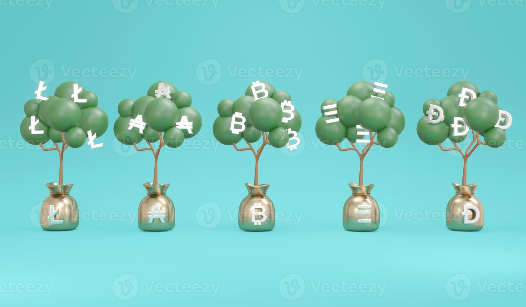 Concetto di rendering 3d di albero di denaro di investimento con simboli di criptovaluta moneta lite, bitcoin, ethereum, dogecoin sullo sfondo. illustrazione di rendering 3d. foto