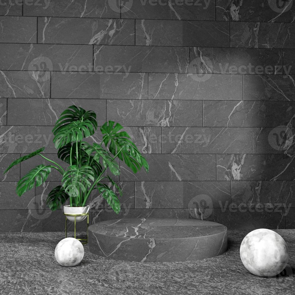 Progettazione 3d minima del palco del podio in un ambiente interno scuro con struttura in marmo e piante foto