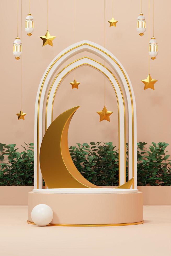 Immagine di rendering 3d di ramadan e eid fitr adha mubarak tema saluto sfondo con oggetti di decorazione islamica foto