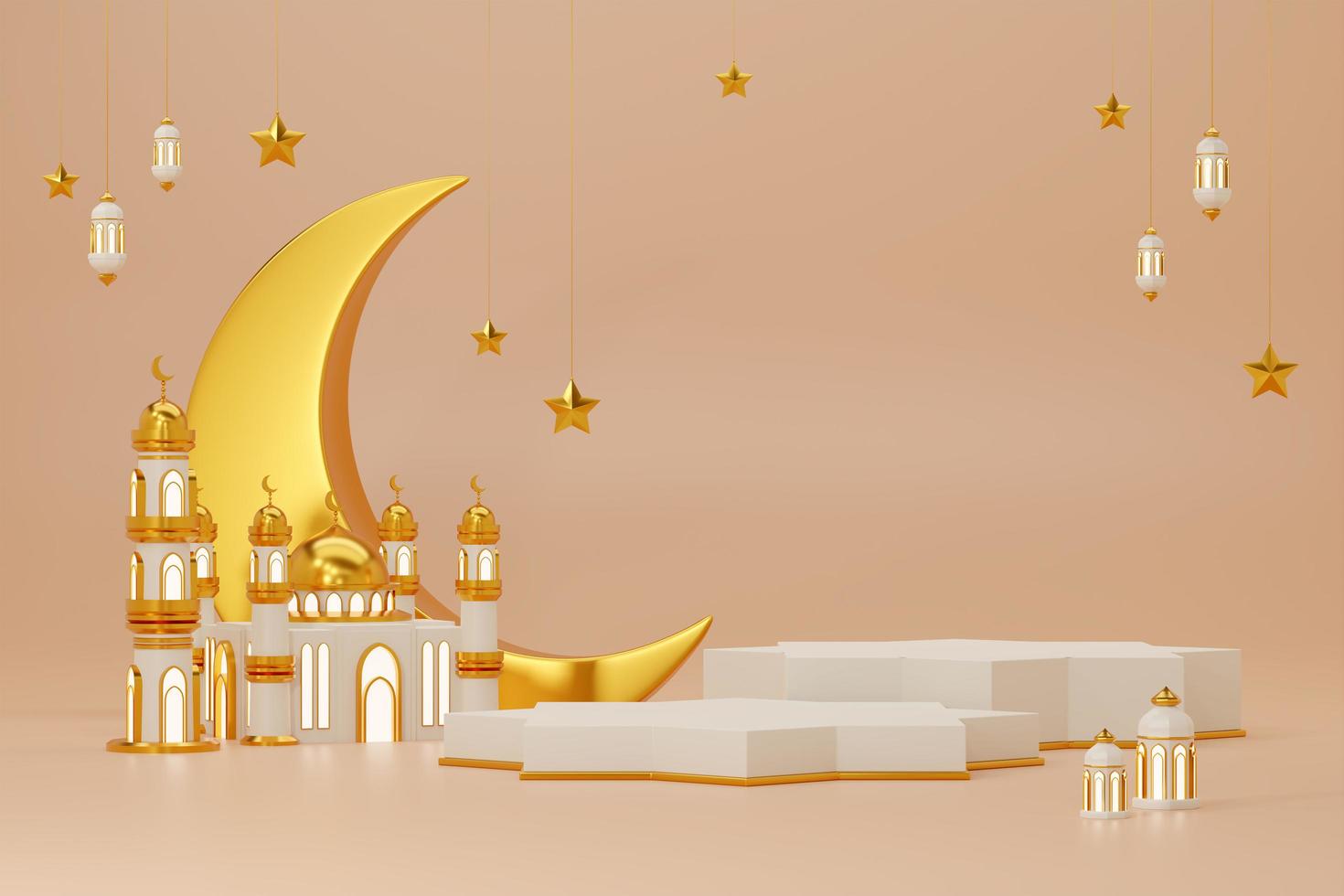 Immagine di rendering 3d di ramadan e eid fitr adha mubarak tema saluto sfondo con oggetti di decorazione islamica foto