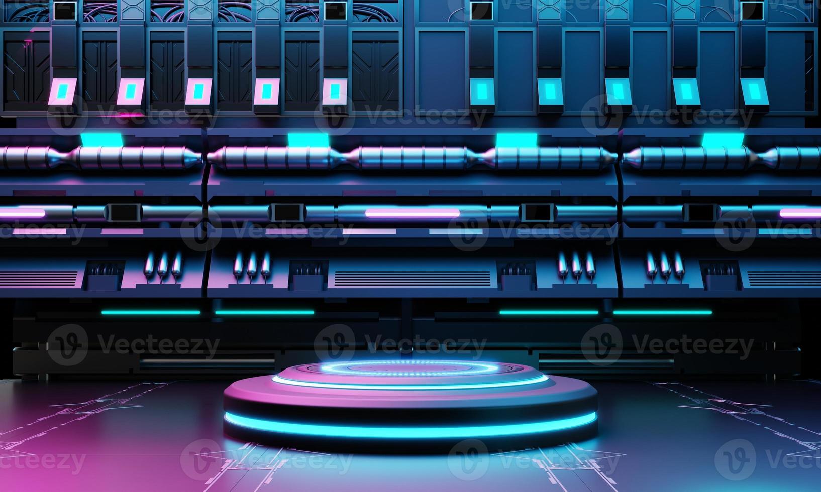 vetrina del podio del prodotto di fantascienza cyberpunk nella base dell'astronave con sfondo blu e rosa. concetto di tecnologia e oggetto. rendering di illustrazioni 3d foto