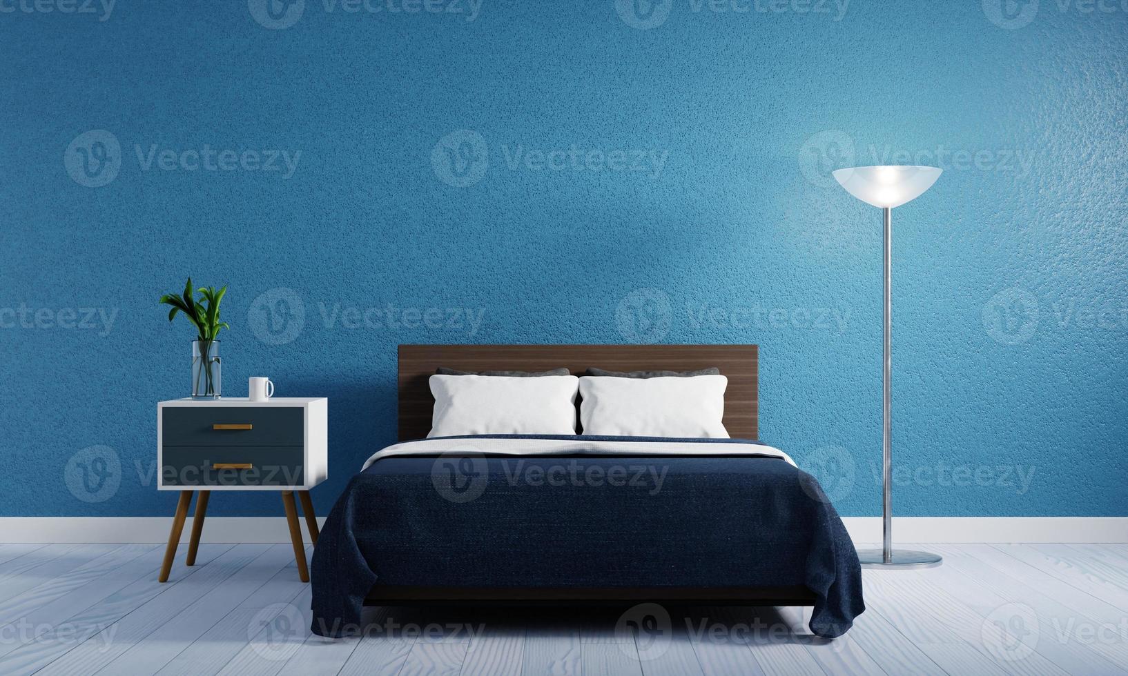 camera da letto blu con lampada da letto. concetto di interni e architettura. rendering di illustrazioni 3d foto