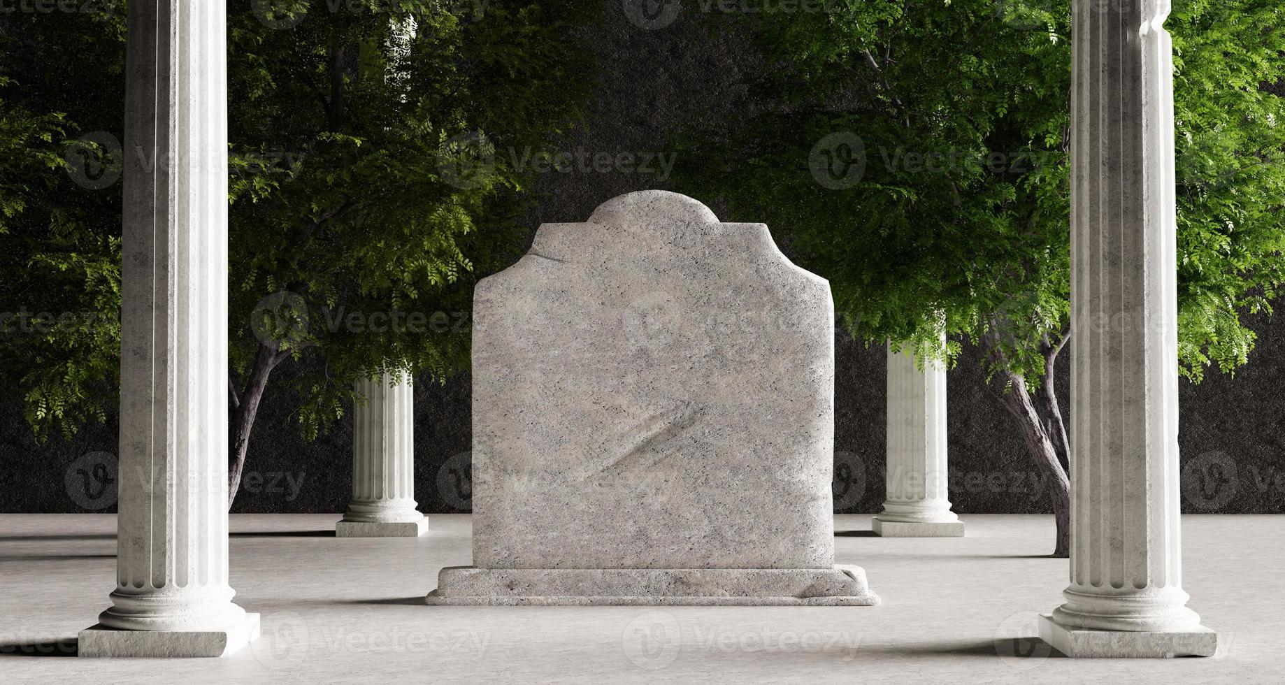 mockup realistico di lapide tombale con colonne corinzie e sfondo di alberi. giorno della memoria e concetto storico. rendering di illustrazioni 3d foto