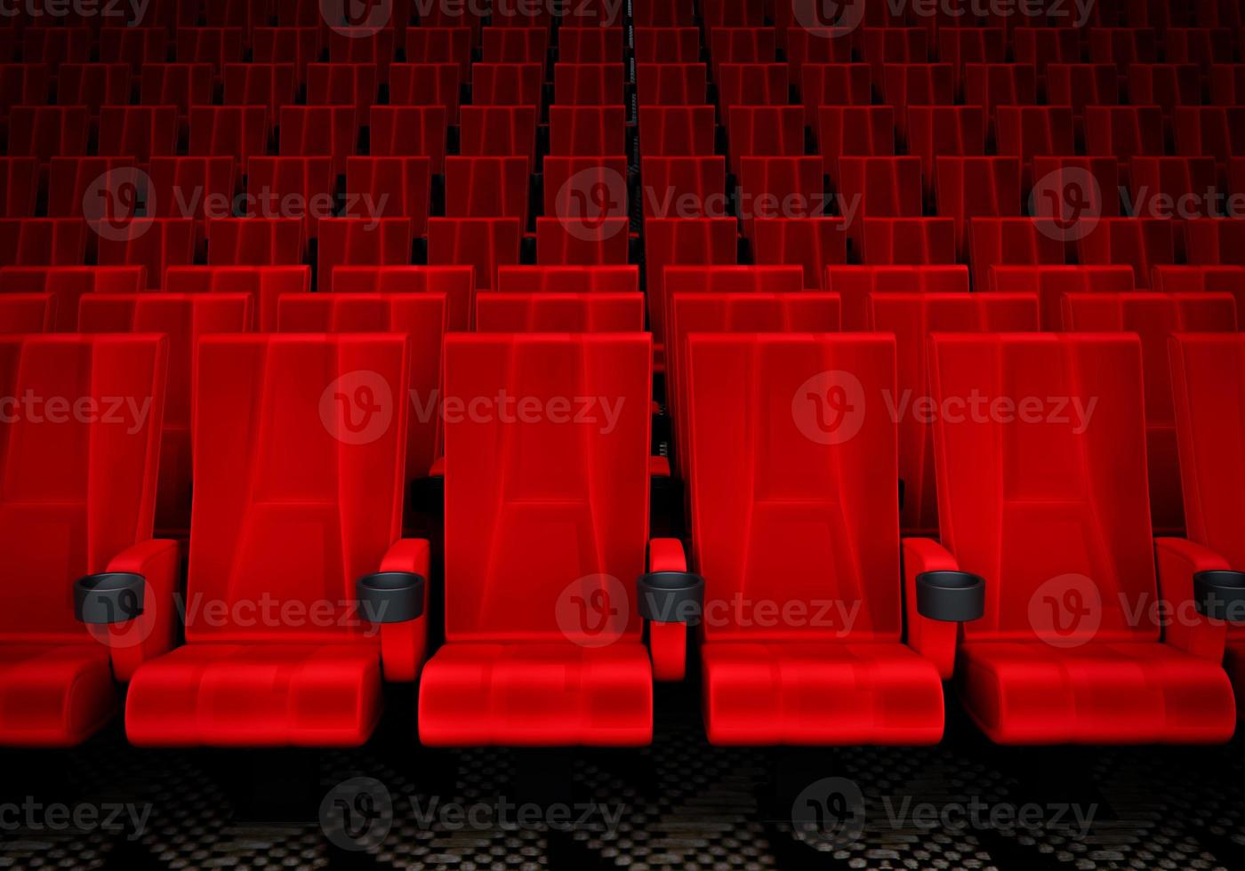 file di sedili in velluto rosso che guardano film al cinema con sfondo banner spazio copia. concetto di intrattenimento e teatro. rendering di illustrazioni 3d foto