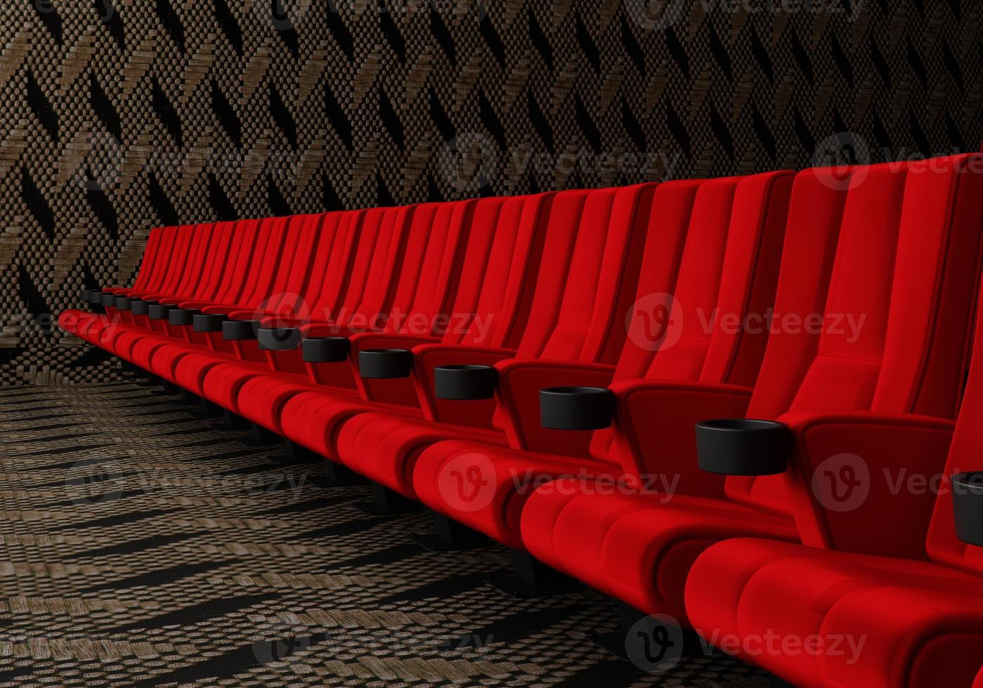 file di sedili in velluto rosso che guardano film al cinema con sfondo banner spazio copia. concetto di intrattenimento e teatro. rendering di illustrazioni 3d foto