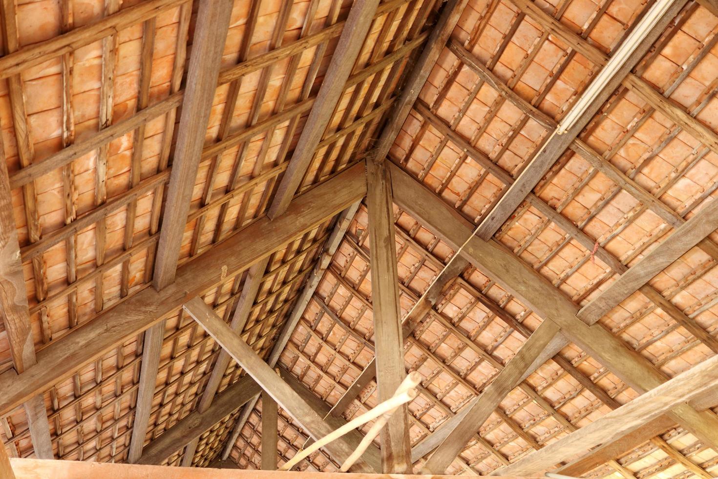 stile tailandese sotto il tetto di un edificio antico, costruzione in legno marrone e tegole di sottotetto, thailandia. foto