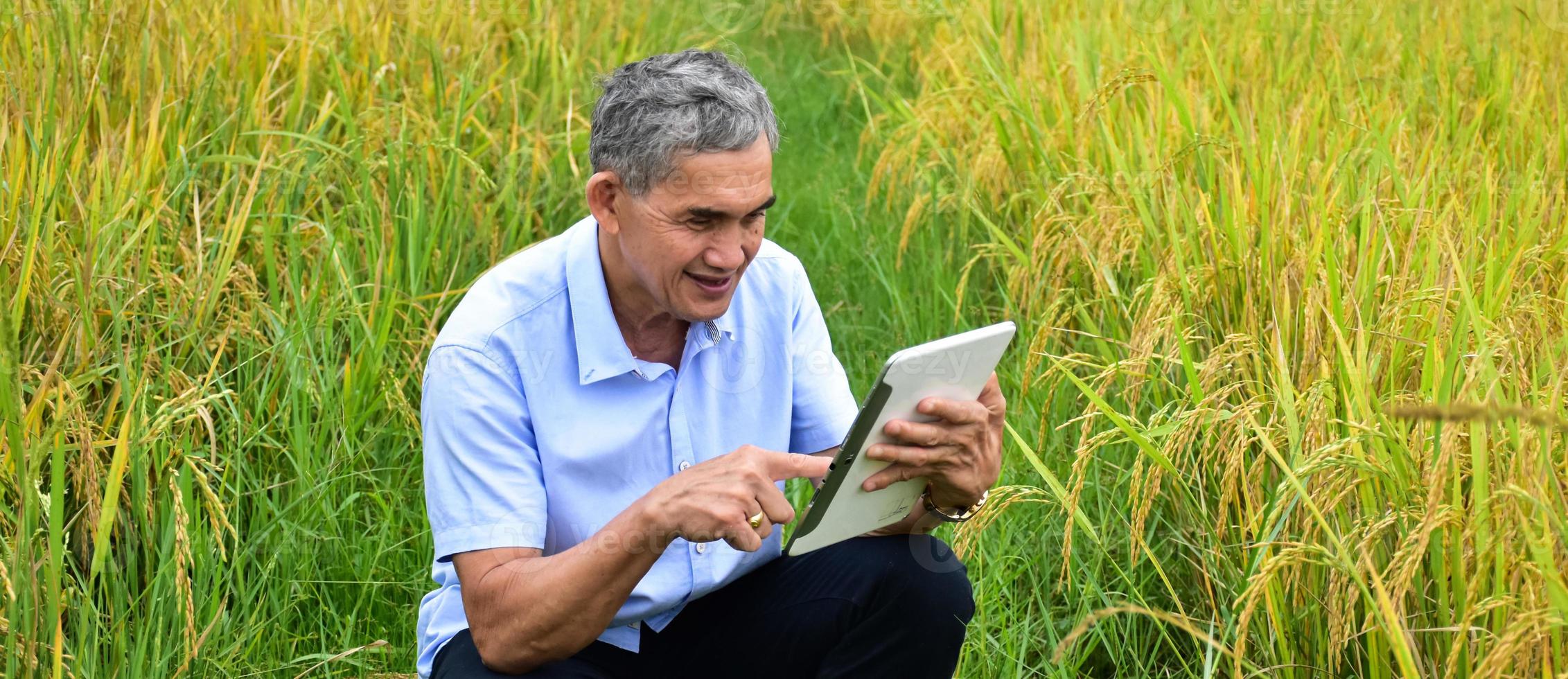 l'uomo anziano asiatico indossa una camicia bianca e jeans seduto in mezzo alla risaia e prende smartphone o taplet per scattare foto e utilizzare il social network per condividere la sua vita quotidiana.