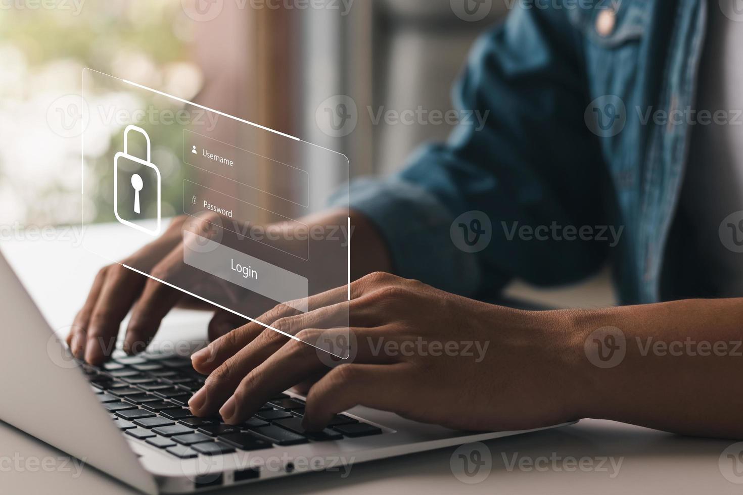 concetto di sicurezza informatica, login del tipo di utente e password, protezione dei dati personali dell'utente, crittografia, accesso sicuro a Internet, sicurezza informatica. foto