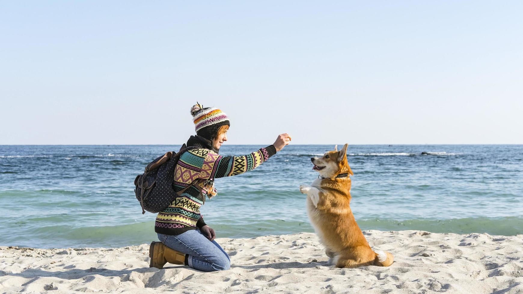 la giovane femmina felice cammina con il simpatico cane corgi sulla spiaggia soleggiata autunnale foto