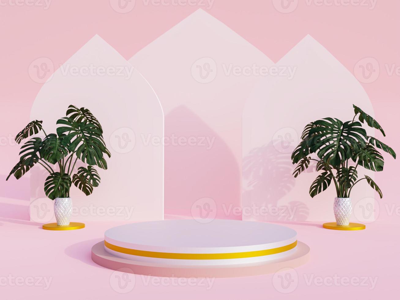 3d rendering podio rosa con una presentazione del prodotto per il ramadan religioso musulmano e lo sfondo del festival eid foto