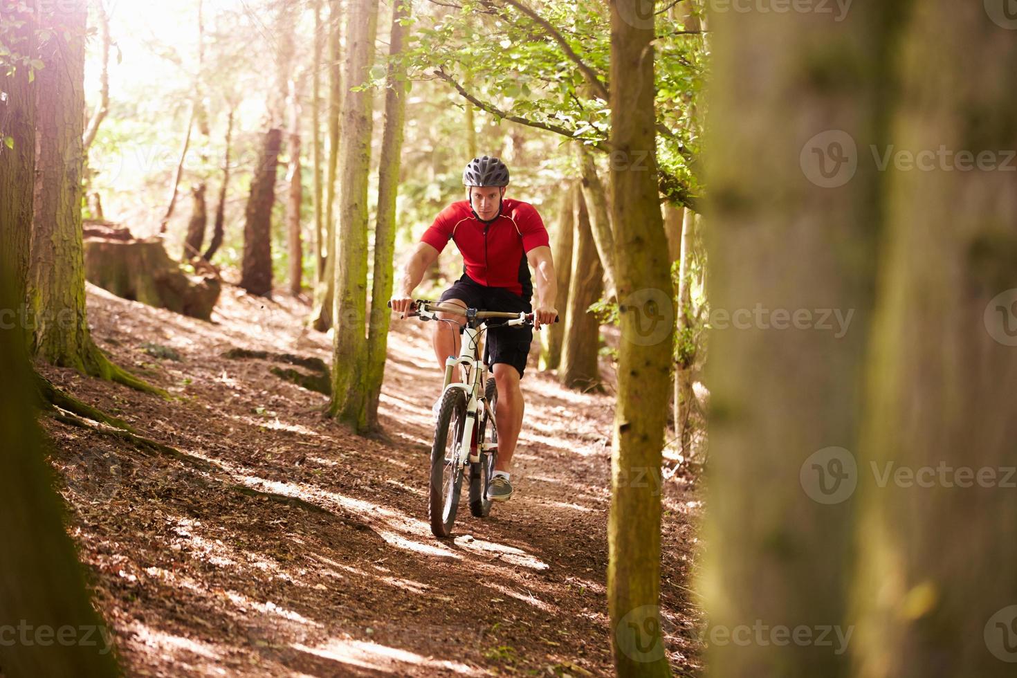 uomo in sella a mountain bike attraverso boschi foto