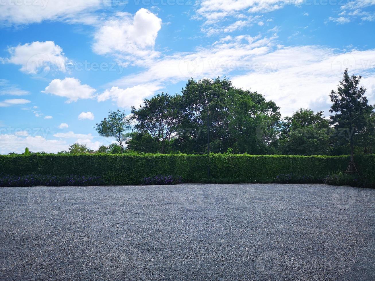 parcheggio cosparso di ghiaia sullo sfondo della natura del cespuglio dell'albero foto