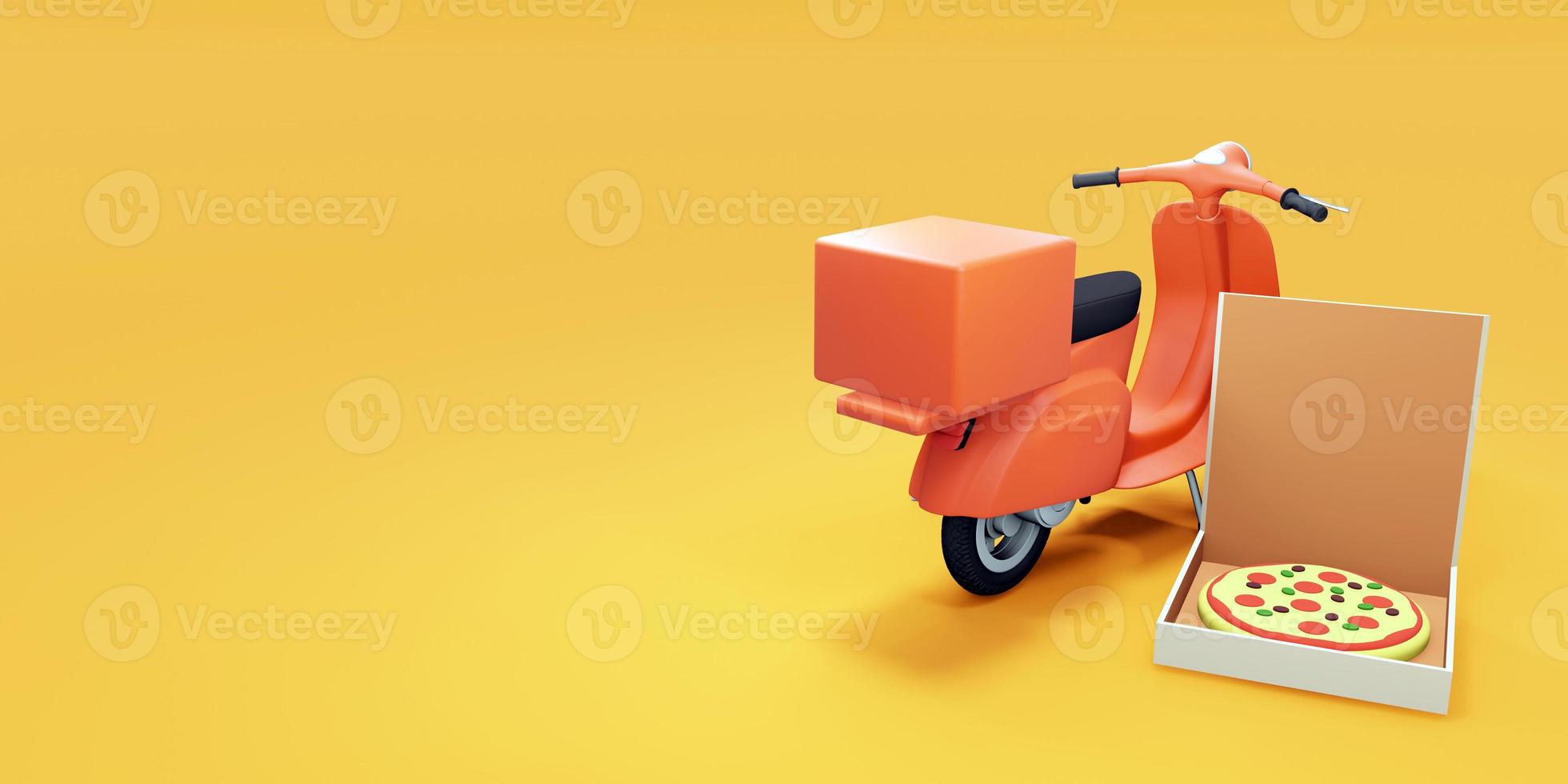 scooter per la consegna della pizza e box per pizza. rendering 3d foto