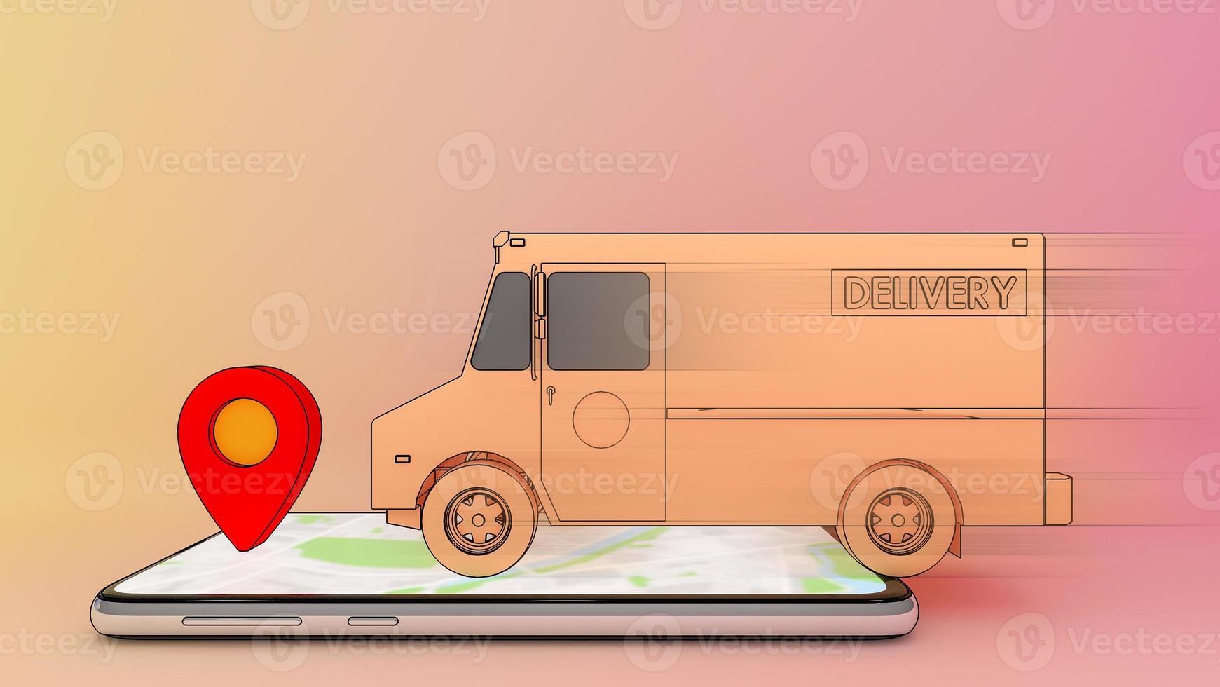 camion in movimento sul telefono cellulare con puntino rosso.,applicazione mobile online servizio di trasporto ordine e shopping online e concetto di consegna.,rendering 3d. foto