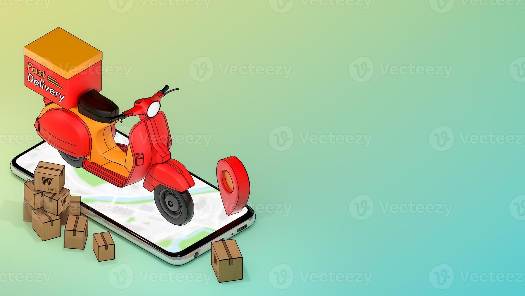 telefono cellulare e scooter con molte scatole di carta e puntatori a spillo rossi.,concetto di servizio di consegna veloce e shopping online.,illustrazione 3d con percorso di ritaglio oggetto. foto