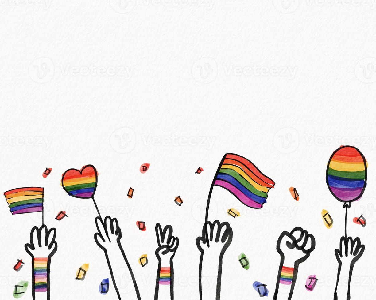 concetto di struttura dell'acquerello del mese dell'orgoglio lgbt. mano alzando bandiera arcobaleno isolare su sfondo bianco. foto