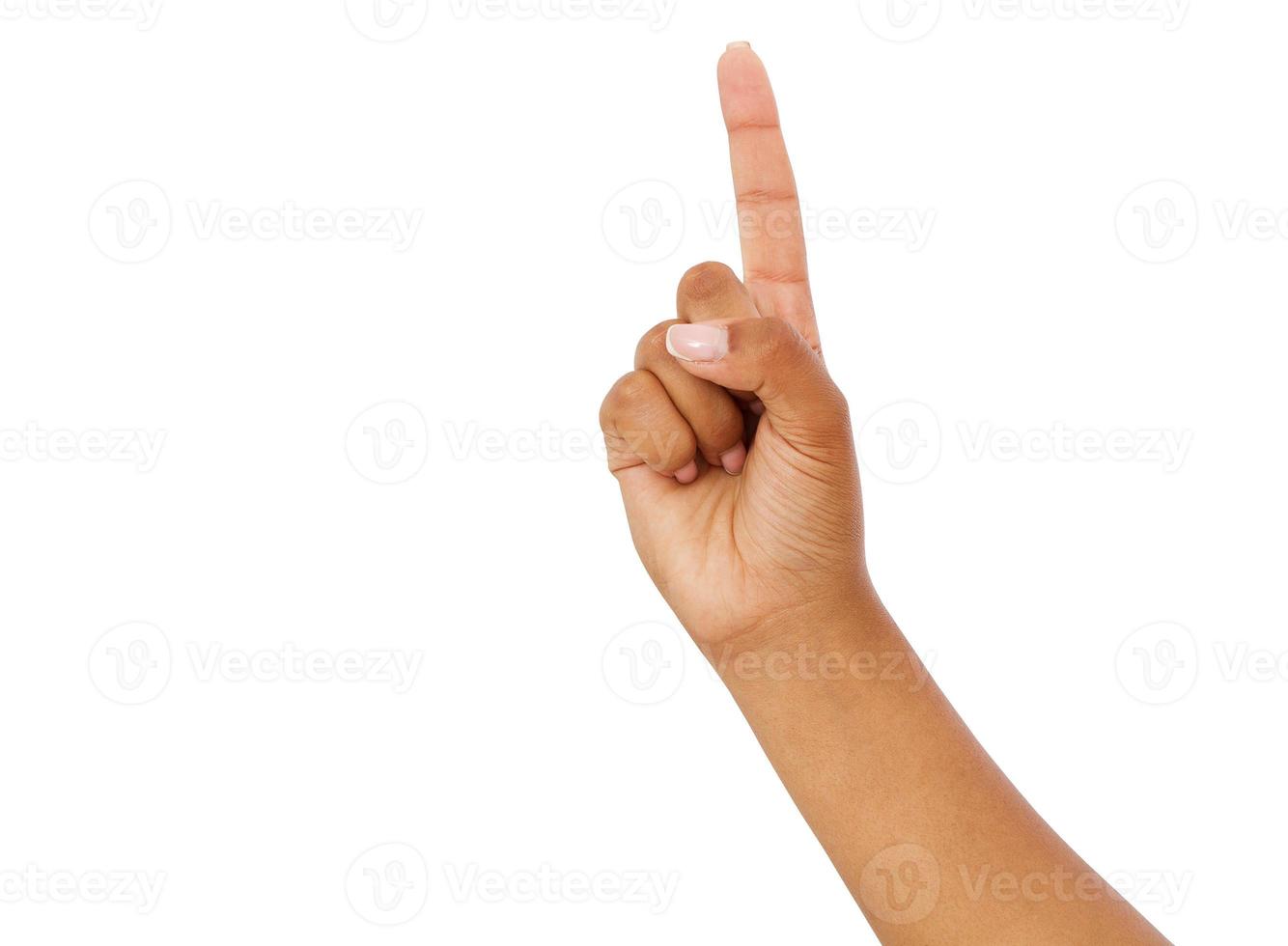 punto del dito nero isolato sfondo bianco. mano afroamericana. mock up, copia spazio foto