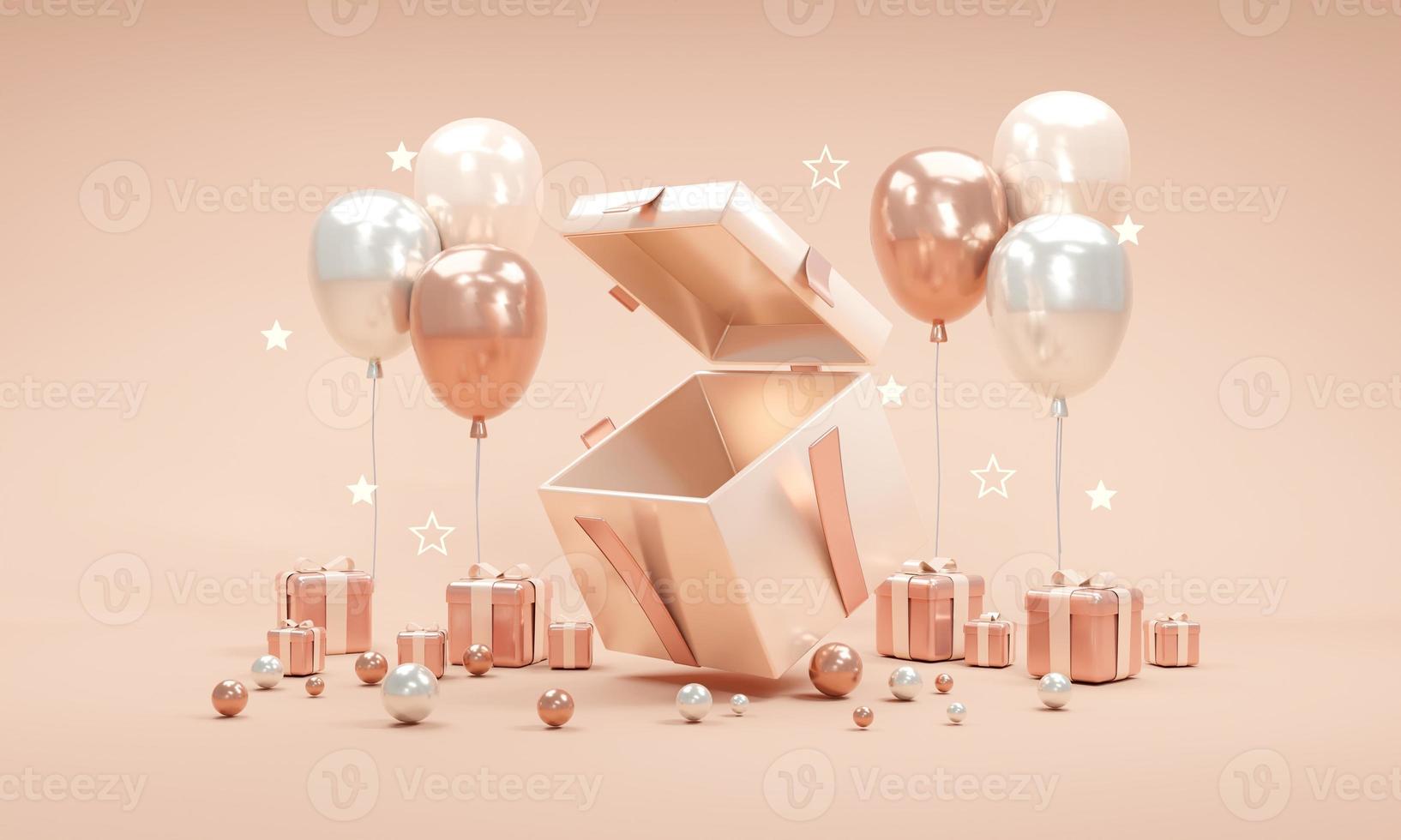 Rendering 3d della confezione regalo aperta vedendo all'interno e palloncini mini elemento coriandoli regalo e stella lucida su sfondo in tema oro rosa foto