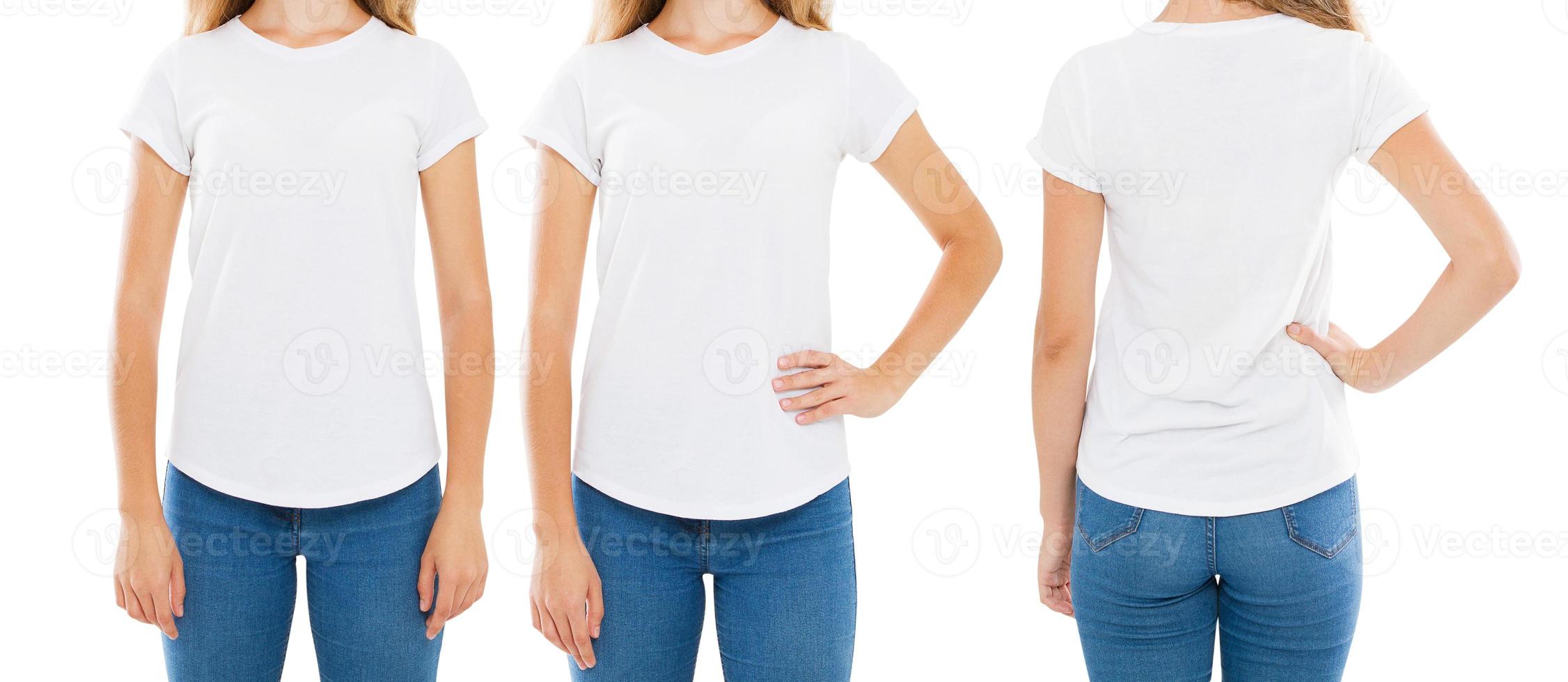 t-shirt donna isolata su sfondo bianco, set t-shirt, collage tshirt, ritratto ritagliato foto