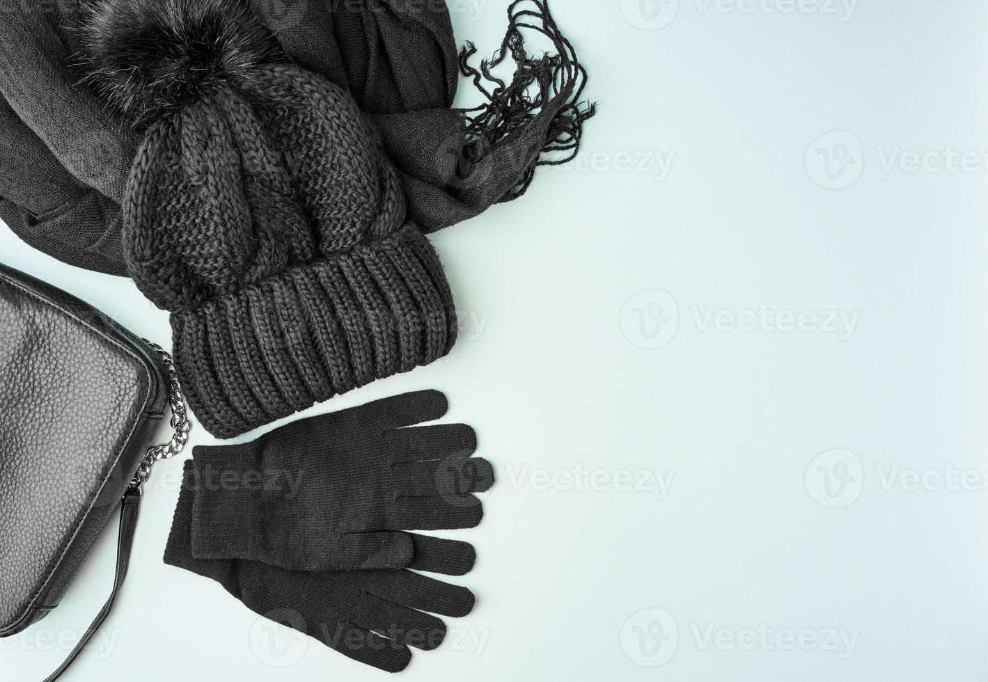 accessori da donna caldi invernali o autunnali piatti - sciarpa nera, cappello, foto