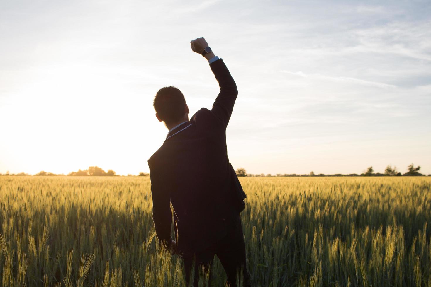 concetto di vincitore, felice giovane imprenditore salta con le mani alzate nei campi, piante di grano estivo foto