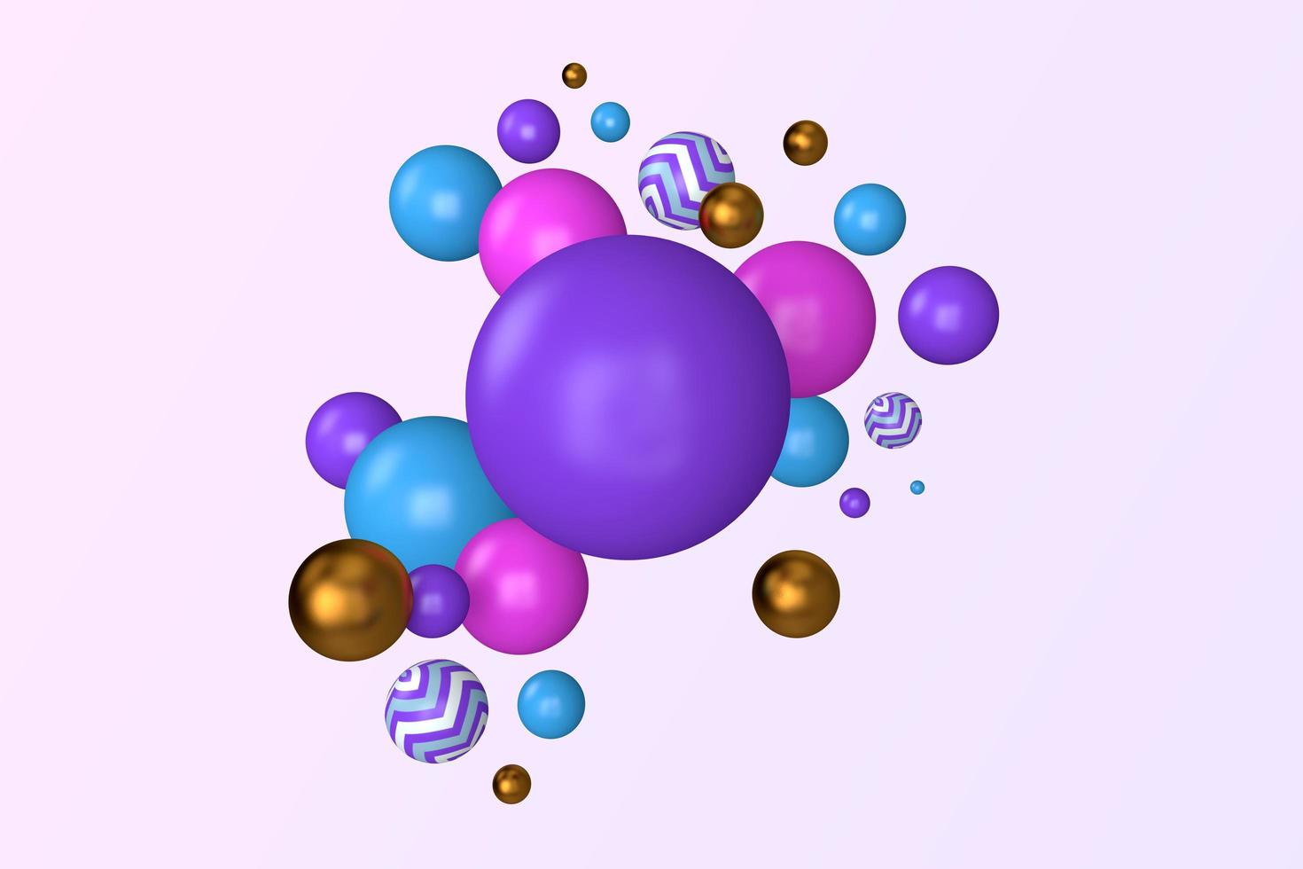 sfondo decorativo astratto illustrazione di palline casuali a strisce rosa, viola, viola, blu e a zigzag. Carta da parati astratta della rappresentazione 3d. sfere di diverse dimensioni con riflessi di luce foto