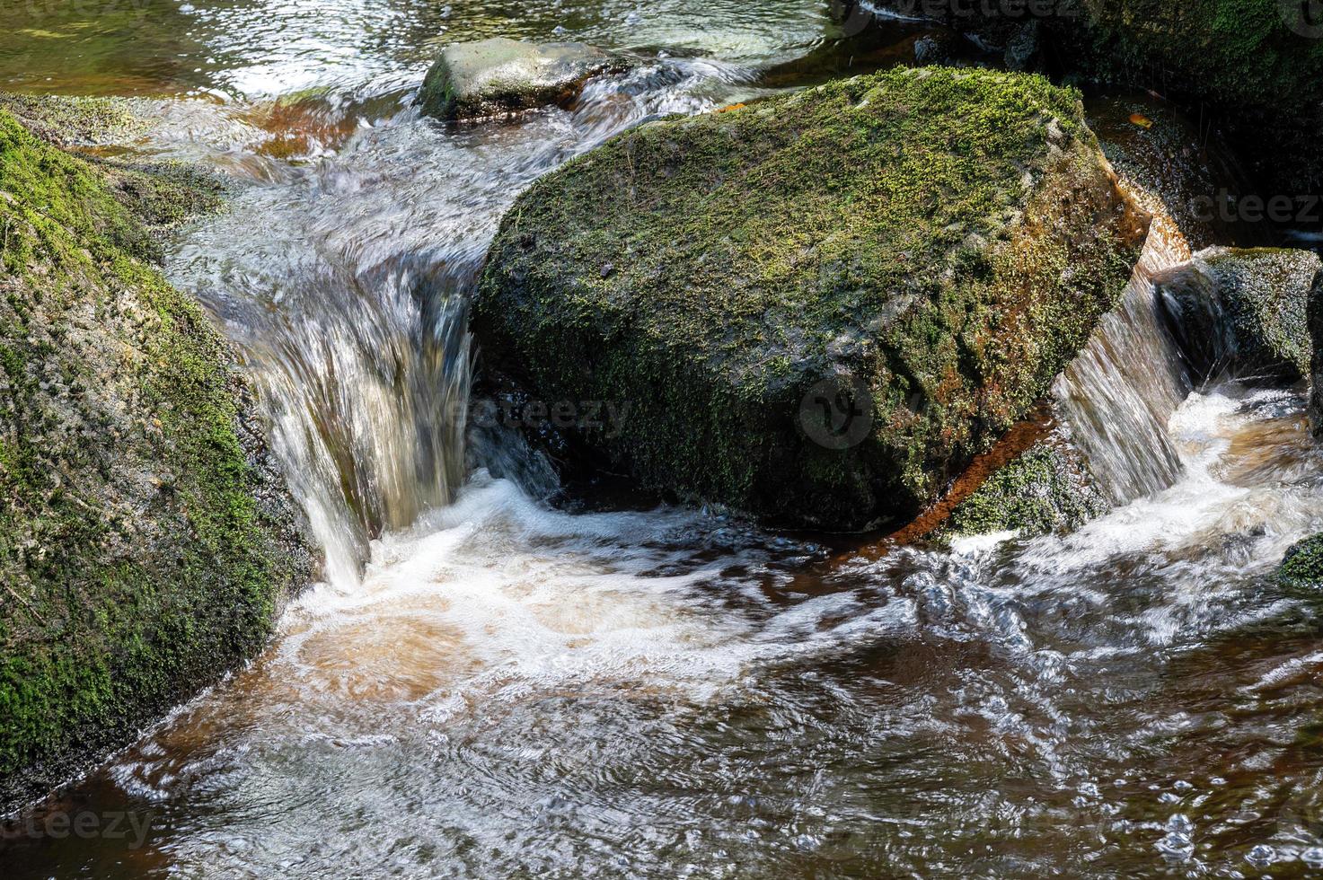 bellissimo scatto di un fiume nella foresta con rocce foto