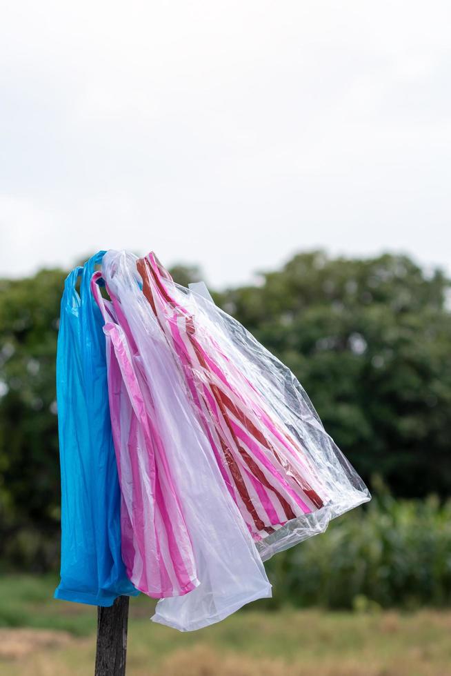 sacchetto di plastica colorato con alberi sfocati. foto