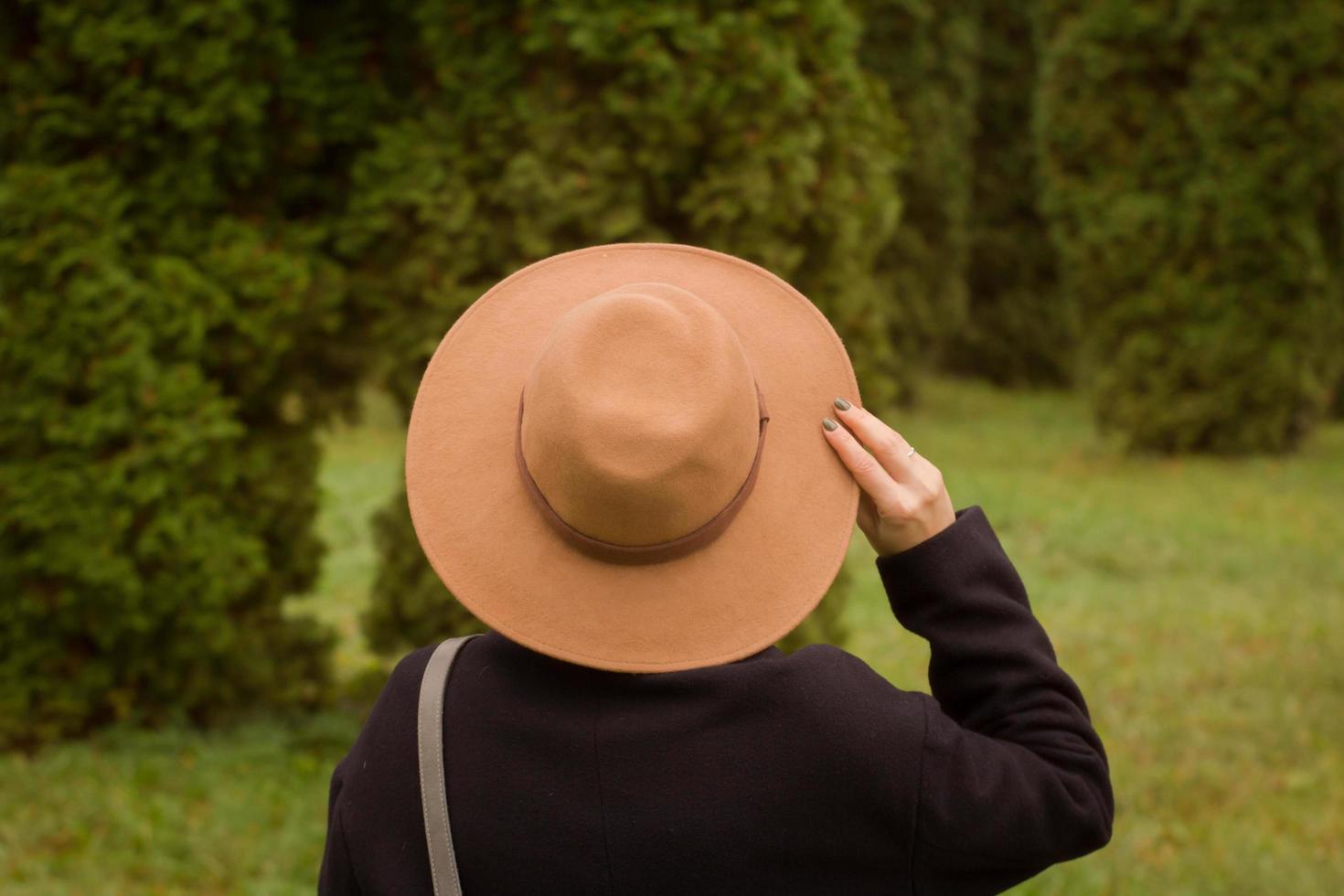 donna con cappello che cammina da sola nel bellissimo parco autunnale foto