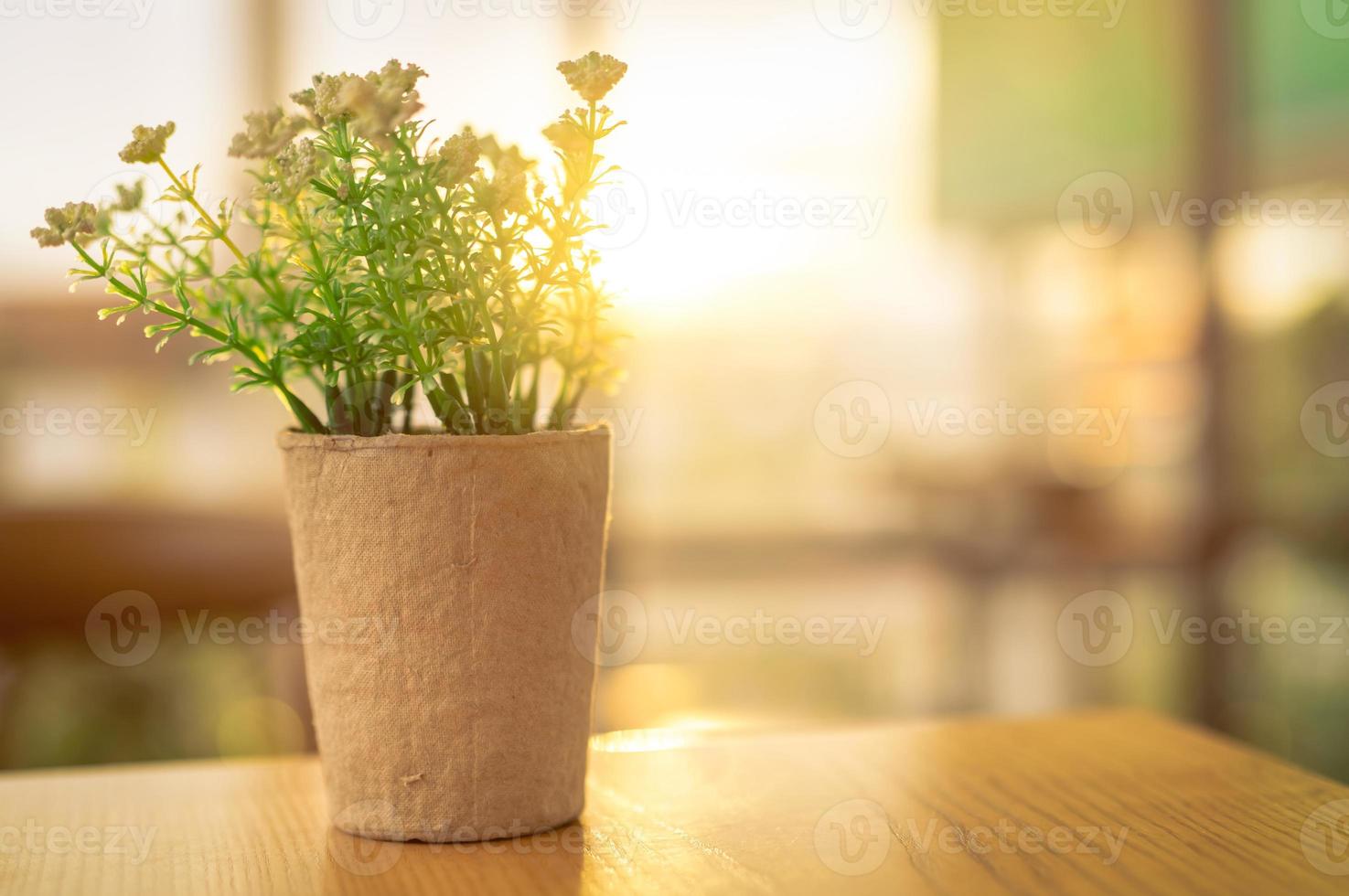 finti fiori bianchi con foglie verdi in vaso di carta riciclata su tavola di legno marrone in un caffè al mattino con il sole. fiore di plastica in vaso. concetto di arredamento per interni e soggiorno per l'home office. foto