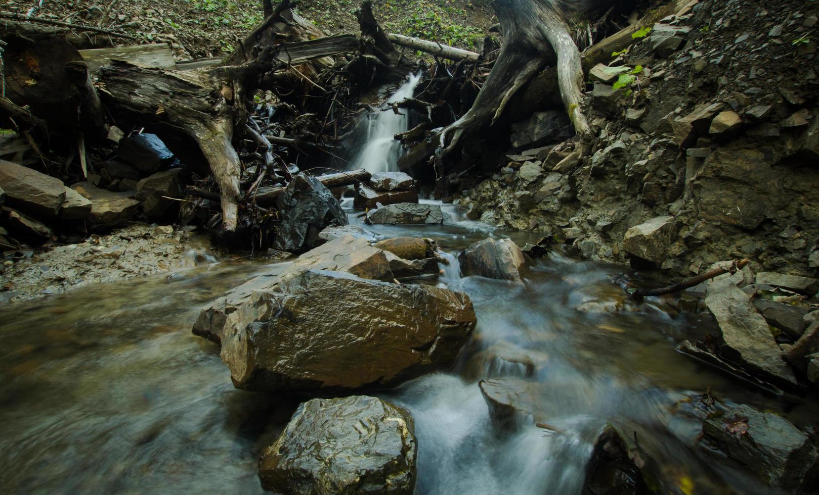 fiume di montagna con sfondo di pietre, foresta e rocce foto